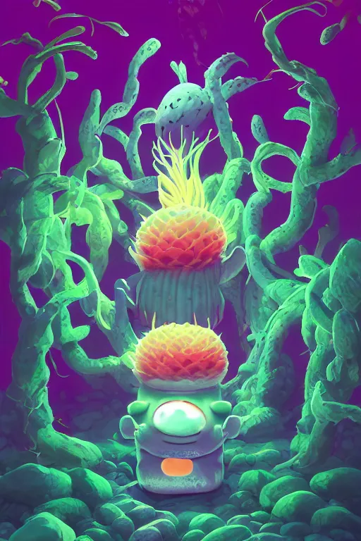 Image similar to roots cactus sushi cristal smurf ghost creature animal sushi cristal very big eye roots cactus elemental flush of force nature micro world fluo fishscale, behance hd by jesper ejsing, by rhads, makoto shinkai and lois van baarle, ilya kuvshinov, rossdraws radiating a glowing aura global illumination ray tracing hdr