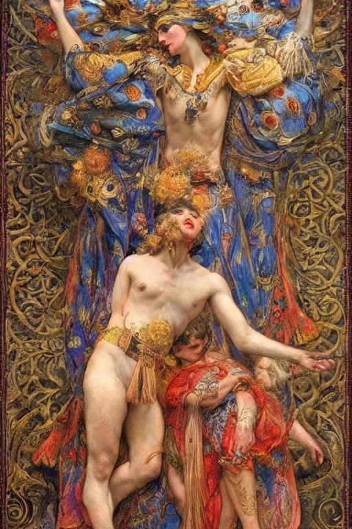 Image similar to coronation of the flower prince, by Annie Swynnerton and Gaston Bussière, embroidered brocade, tattoos, elaborate costume, geometric ornament, symbolist, rich colors, dramatic lighting, smooth, sharp focus, extremely detailed