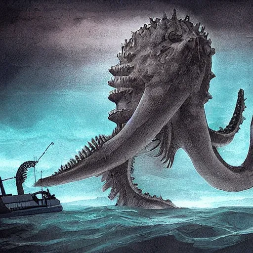 Image similar to Giant ancient Leviathan creature the size of a ship at the bottom of the ocean next to a sunken cargo ship, dark, creepy, digital art