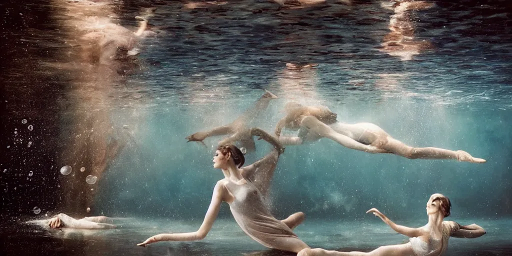 Image similar to underwater realistic photography of dancers with long gorgeous clothes , renaissance epic scene . Fluidity, elegance, beauty, water ocean cautic , ocean surface visible and water bubbles details rising up reaslitic undrwater background, high details. by CHRISTY LEE ROGERS