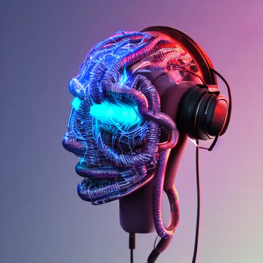 Prompt: a photorealistic cyberpunk brain made out of electronic wires and cables, wearing headphones, on a party stage, vaporwave, scifi, trending on artstation, 4K, cinematic, epic lighting effects, strobe and laser lights, UHD, HDR