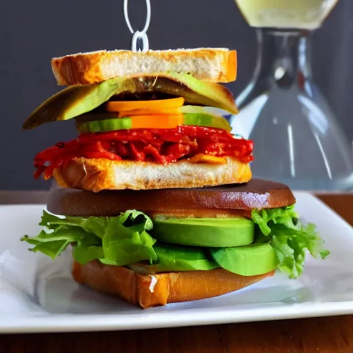 Image similar to one sandwich with fried tofu, one tomato slice, mayonaisse, one onion ring, avocado, melted cheddar, over a red dish that is on a table, with a sunset and rainbow in the background with saturn and stars in the sky