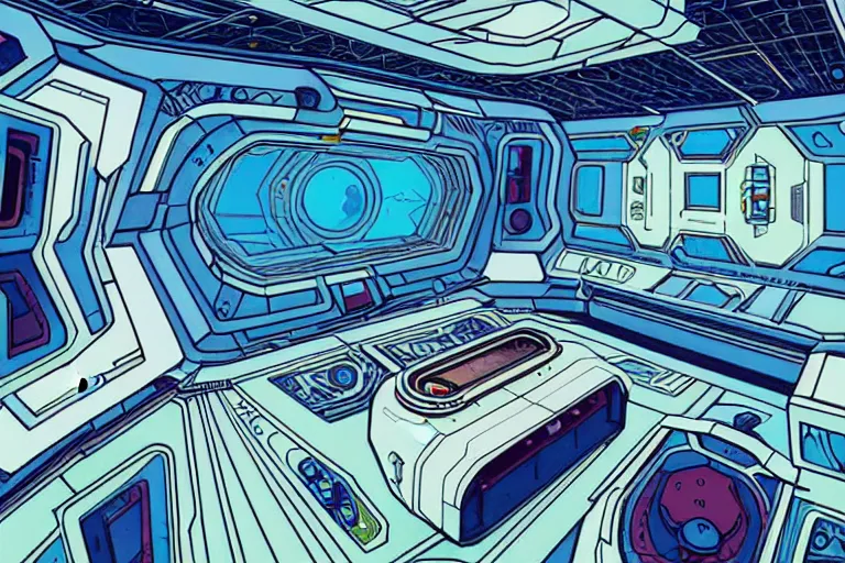 Prompt: a scifi illustration, hyper detailed spaceship interior. top down view. flat colors, limited palette in FANTASTIC PLANET La planète sauvage animation by René Laloux