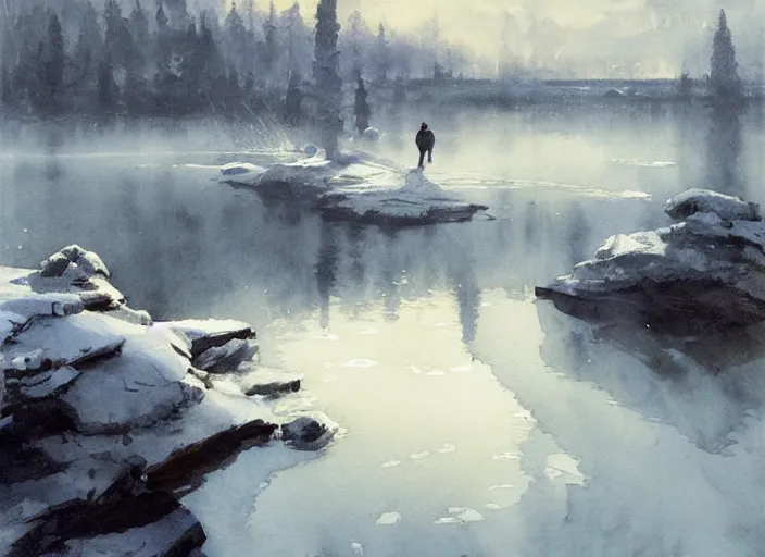 Image similar to watercolor of frozen lake, stone bridge, art by anders zorn, wonderful masterpiece by greg rutkowski, beautiful cinematic light, american romanticism by greg manchess, creation by tyler edlin