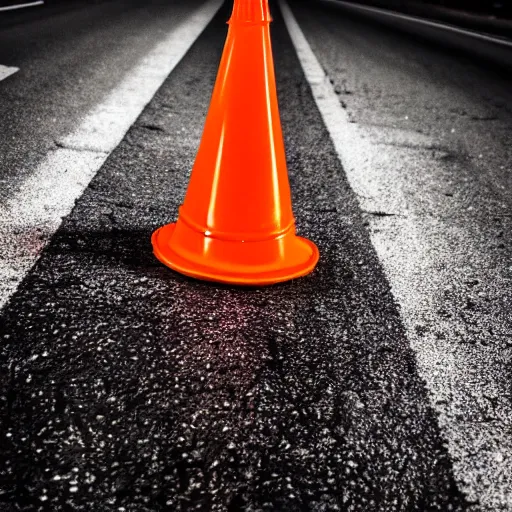 Prompt: a Photo of A Traffic Cone in the middle of the street at midnight, Horror Style, Monster