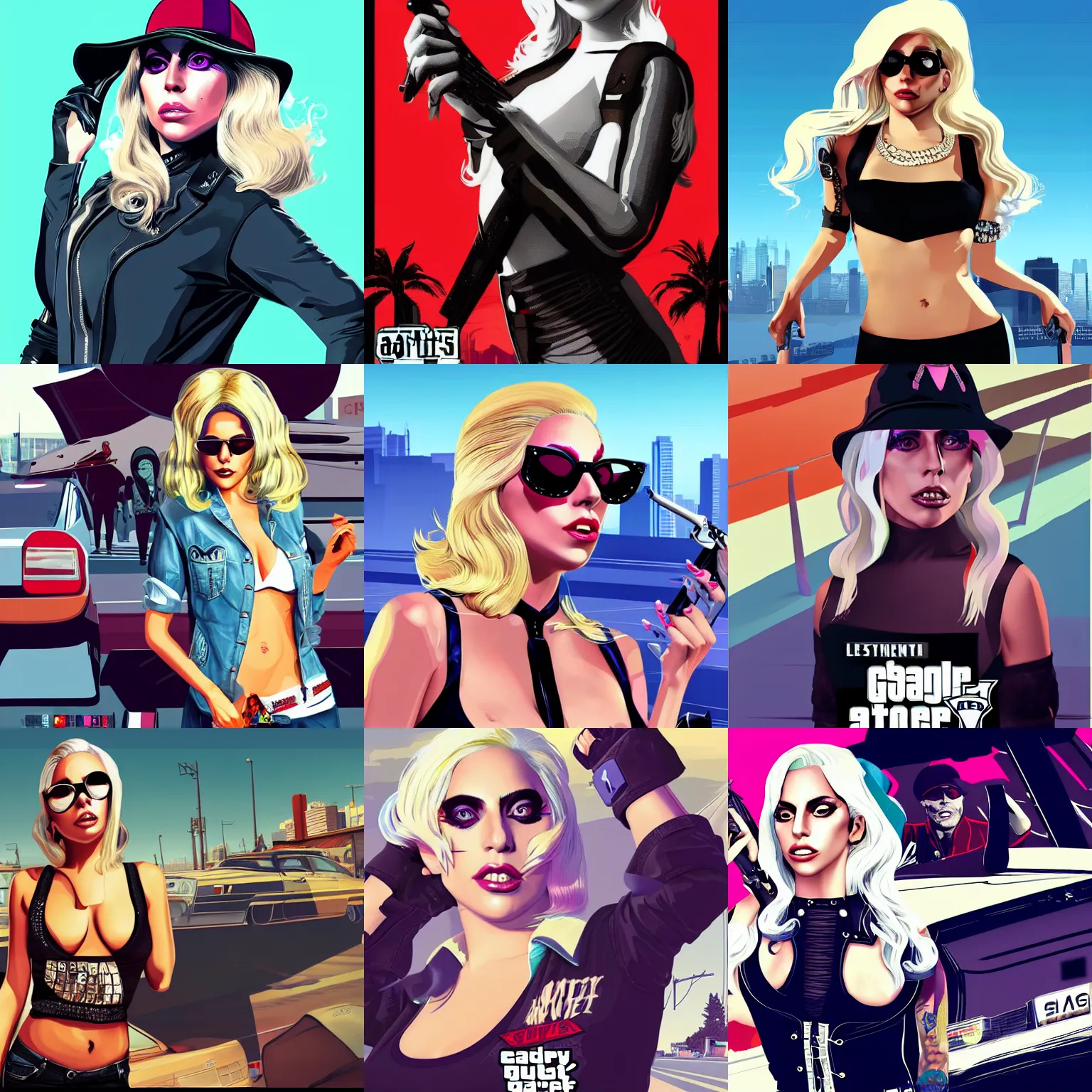 Prompt: lady gaga in gta v, cover art by stephen bliss, vector art, detailed, artstation, no text