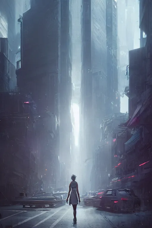 Prompt: a beautiful portrait of Jenifer Lawrence walking down the street of a sci-fi city by Greg Rutkowski, Sung Choi, Mitchell Mohrhauser, Maciej Kuciara, Johnson Ting, Maxim Verehin, Peter Konig, final fantasy , mythical, 8k photorealistic, cinematic lighting, HD, high details, atmospheric,