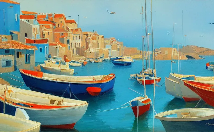 Image similar to A painting of a Mediterranean fishing village, azure blue sea, boats, peaceful, beautiful, in the style of Michiel Schrijver