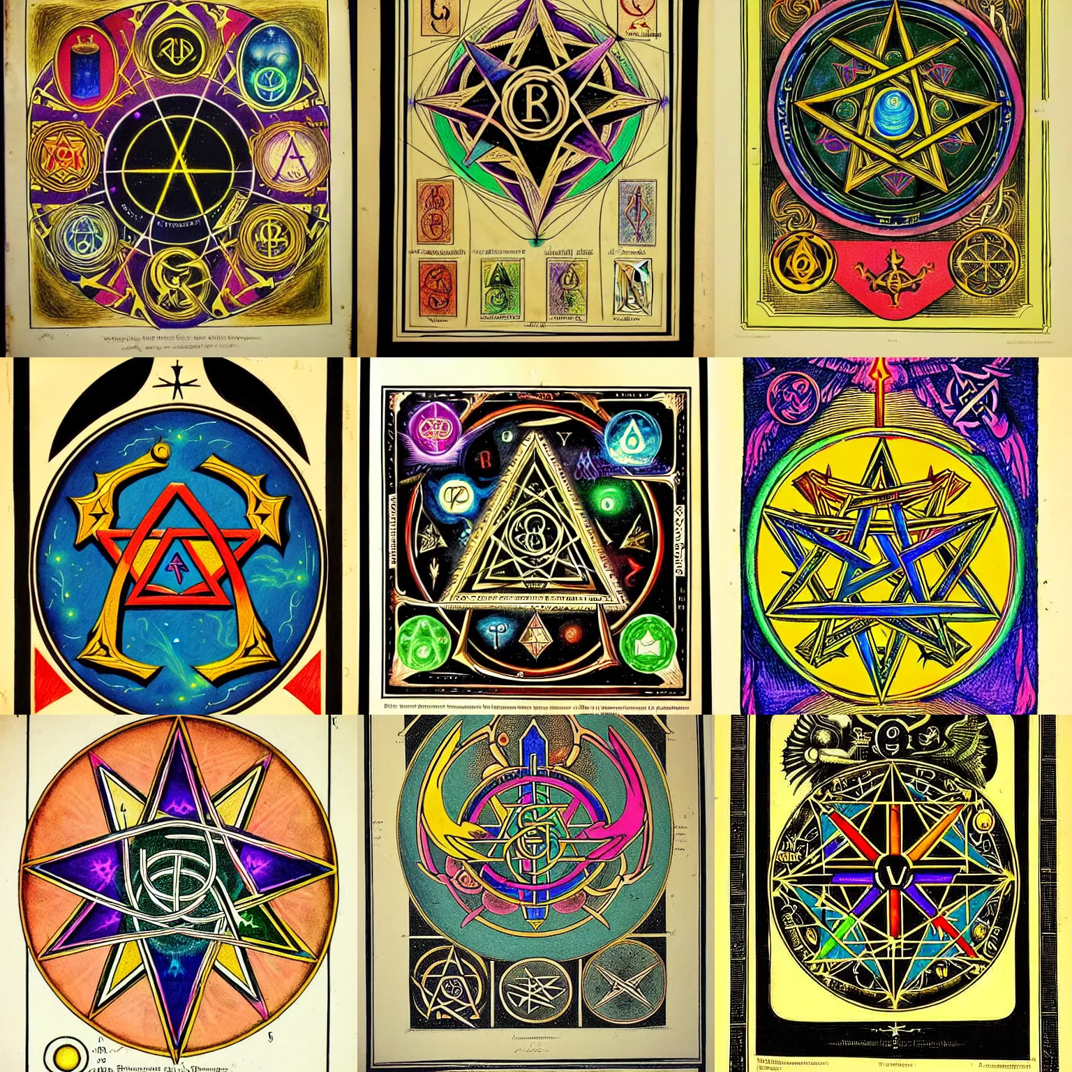 Prompt: occult lithograph containing colorful drawings of magical symbols, reagents, and diagrams of magical devices | ancient scroll, forbidden knowledge, magic symbols | labeled diagrams of magical devices | detailed drawings of fantasy reagents | well - lit, highly detailed, occult