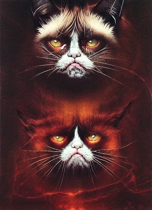 Prompt: a spirit of grumpy cat, red lake, highly detailed, art by Ayami Kojima, Beksinski, Giger