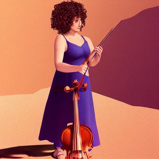 Prompt: curly haired girl wearing dress playing the violin in desert, digital art, ultra realistic, illustration