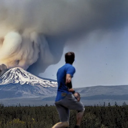 Image similar to a man in the foreground running with a terrified look on his face glancing behind him with mt st helens erupting behind him and ash is headed towards him