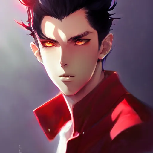 Image similar to anime portrait of a slick black hair guy with red eyes by stanley artgerm lau, wlop, rossdraws, james jean, andrei riabovitchev, marc simonetti, and sakimichan, trending on artstation