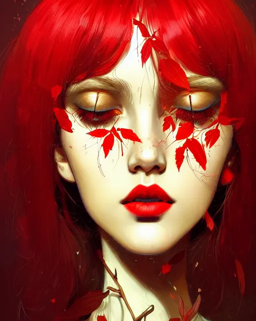 Image similar to highly detailed normal looking hippie, mundane, black hair, flying leaves on backround, symmetrical, red lips, paint by ilya kuvshinov and ilya repin trending on artstation, intricate details, energetic composition, golden ratio, concept art, illustration, elegant art