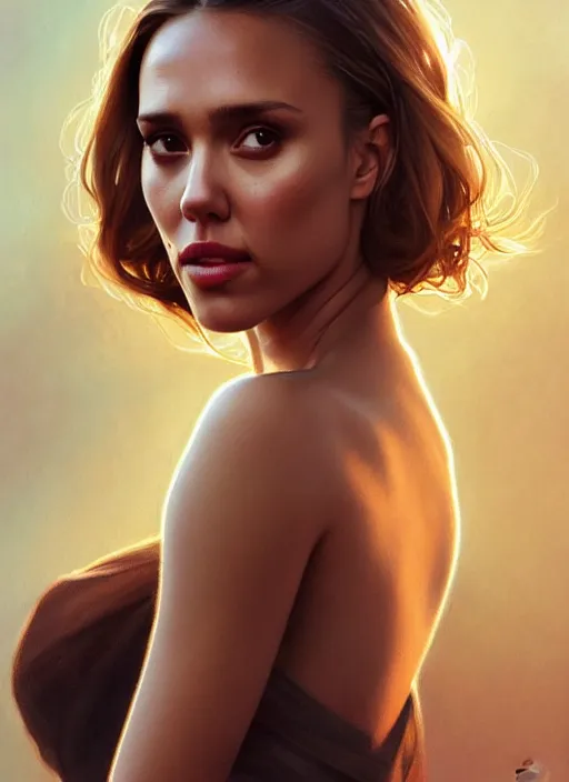 Image similar to half Jessica Alba half Nathalie Portman half scarlett johansonna pure seductive angel, full body portrait, slight smile, diffuse natural sun lights, autumn lights, highly detailed, digital painting, artstation, concept art, sharp focus, illustration, art by wlop and greg rutkowski and alphonse mucha and artgerm
