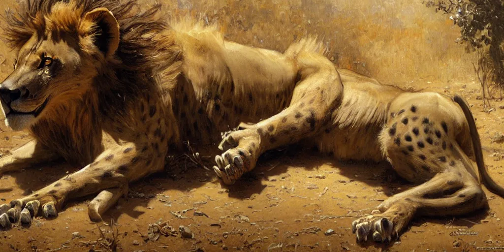 Image similar to an exhausted lion hyena in tshit and jeans. highly detailed painting by gaston bussiere, craig mullins, j. c. leyendecker 8 k