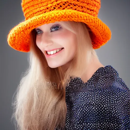 Image similar to portrait tres jolie d'une souriante femme 2 5 ans ongle 9 0 degree, cheveux moyen jaune blonde caractere avec un chapeau orange, cheveaux sorte un peu du chapeau, la femme mets sa main sur le chapeau pour essayer de le retenir.