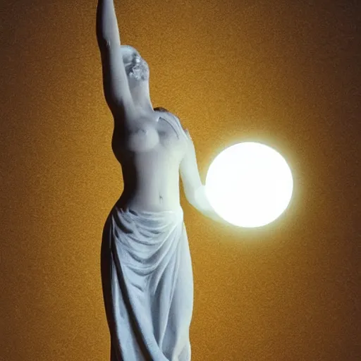 Image similar to a goddess holds a moon, sculpture, hyperrealistic.