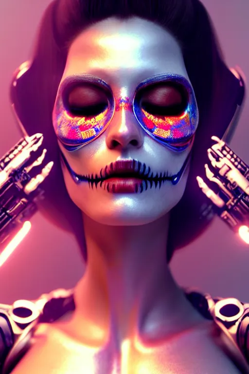 Prompt: beautiful android woman, eyes closed, photorealistic, 3 d model, cyborg, postcyberpunk, octane render, concept art, global illumination, vogue, 8 k, intricate detailed environment ( ( el dia los muertos ) ). by terry oneill and artgerm and kuciara and mucha