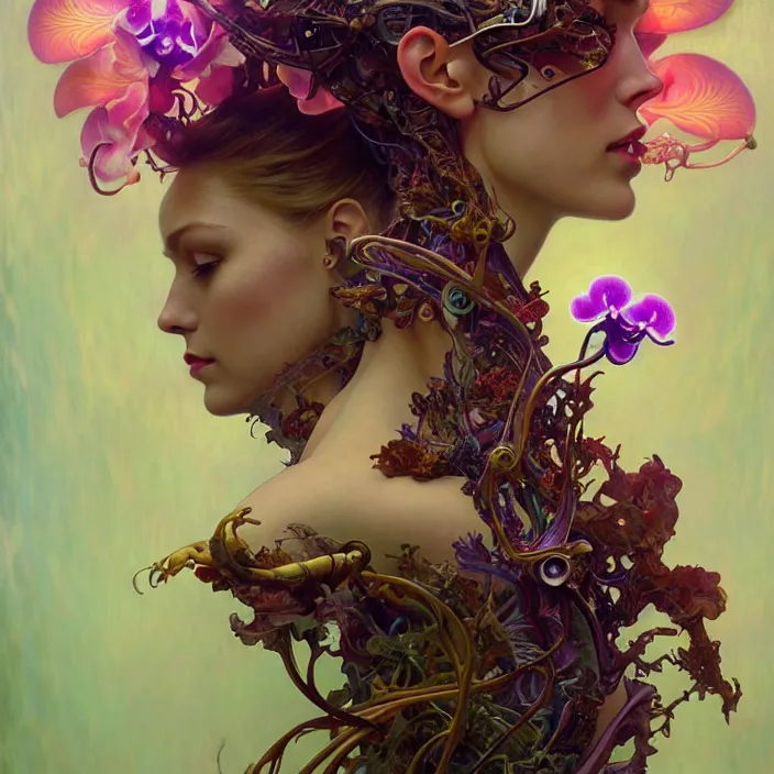 Image similar to malfunctioning psychedelic organic cyborg orchid, diffuse lighting, fantasy, intricate, elegant, highly detailed, lifelike, photorealistic, digital painting, artstation, illustration, concept art, smooth, sharp focus, art by John Collier and Albert Aublet and Krenz Cushart and Artem Demura and Alphonse Mucha