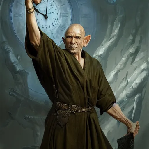 Image similar to A male elf in his late 50s looks both angry and sad, wrinkled olive coloured skin and a raised Fist, long blue robes depicting clock iconography, Detailed face, highly detailed, cinematic lighting, digital art painting by greg rutkowski.