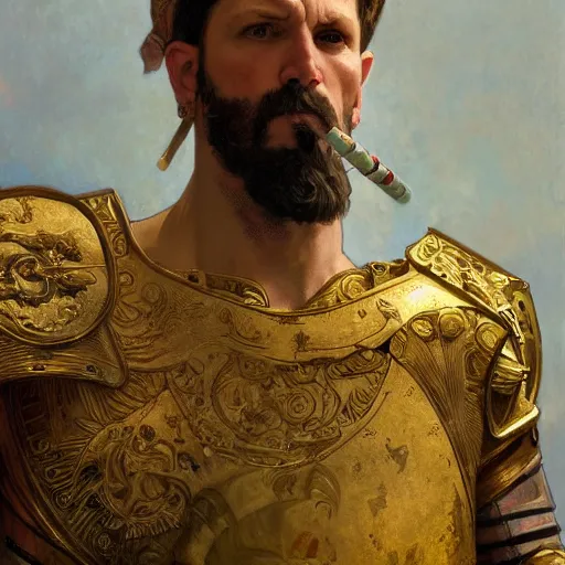 Prompt: Gavin McInnes as a Roman warrior wearing gold and red armor, elegant suit, smoking a cigarette, portrait art by alphonse mucha and greg rutkowski, highly detailed, digital painting, concept art, illustration, dim lighting with twilight rays of sunlight, trending on artstation, very detailed, smooth, sharp focus, octane render