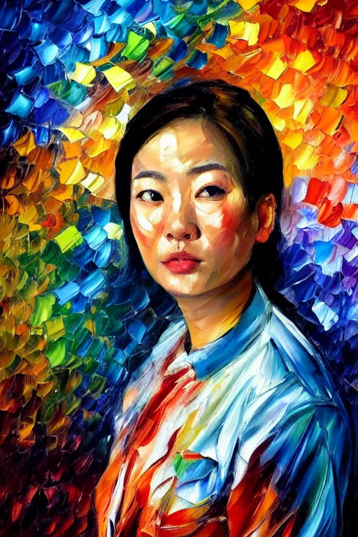 Image similar to palette knife oil painting portrait of a female asian police psychiatrist, extreme detail, style by leonid afremov and degas, artstation trending, artgerm, deviant art, octane, substance, art history 8 k