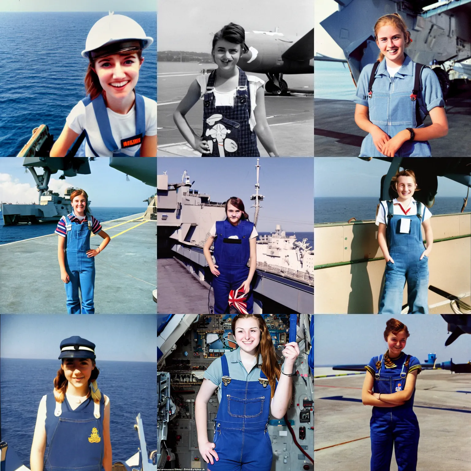 Prompt: Teenage girl Royal Navy sailor wearing blue overalls, on the flight deck of an aircraft carrier