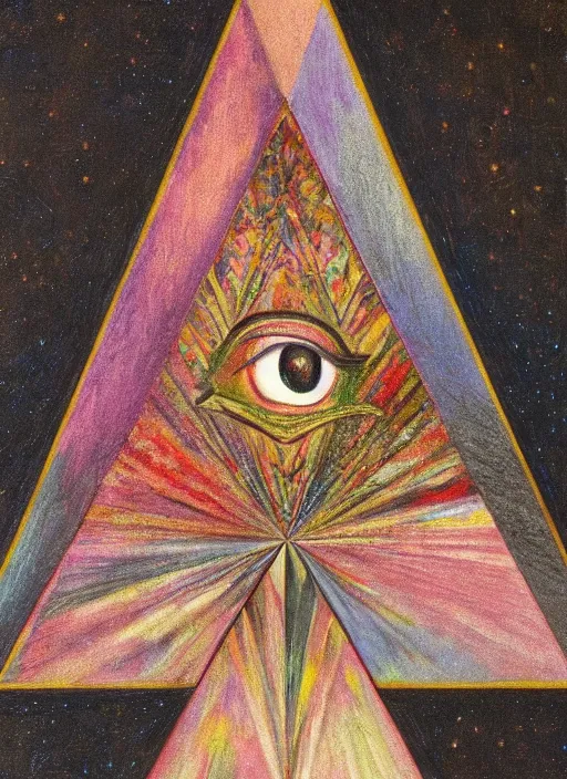 Image similar to illuminati pyramid with an eye floating on top of it, symmetric aesthetic figure, pastel colors, hyper detailed 8k realistic painting by Hilma At Klint, trending on artstation