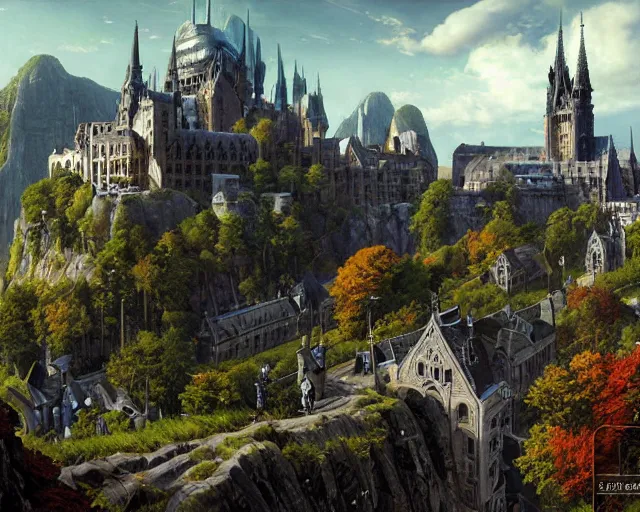 Prompt: gothic architecture busy city on a cliff by the city side, lossy graphics, raster playstation render graphics, high quality game screenshot, scenery art dense foliage art by kim jung giu and weta studio, and lucasfilm and jesper ejsing and norman rockwell partly inspired by greg rutkowski hd