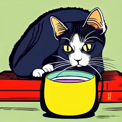 Prompt: a cat drinking milk in a bowl, next to the cat is some books
