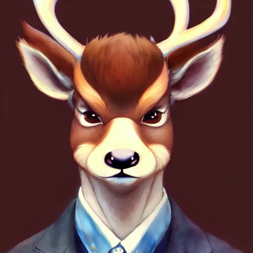 Image similar to character design portrait of a stupid chinese anthropomorphic furry deer man with deer ears, short brown hair, wearing a suits, looking at the camera, 4 k, concept art, by wlop, wenjun lin, watercolor, ilya kuvshinov, artgerm, krenz cushart, pixiv.