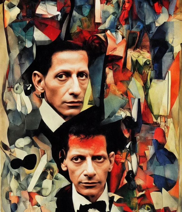 Prompt: Beautiful colorful Minimalist!! Horror Movie Poster made for the film Kafka's the Metamorphosis (1987) Starring Jeff Goldblum and a large insect, photo collage and oil painting by David Cronenberg and Man Ray, trending on artstation dramatic lighting minimalist! collage 8k