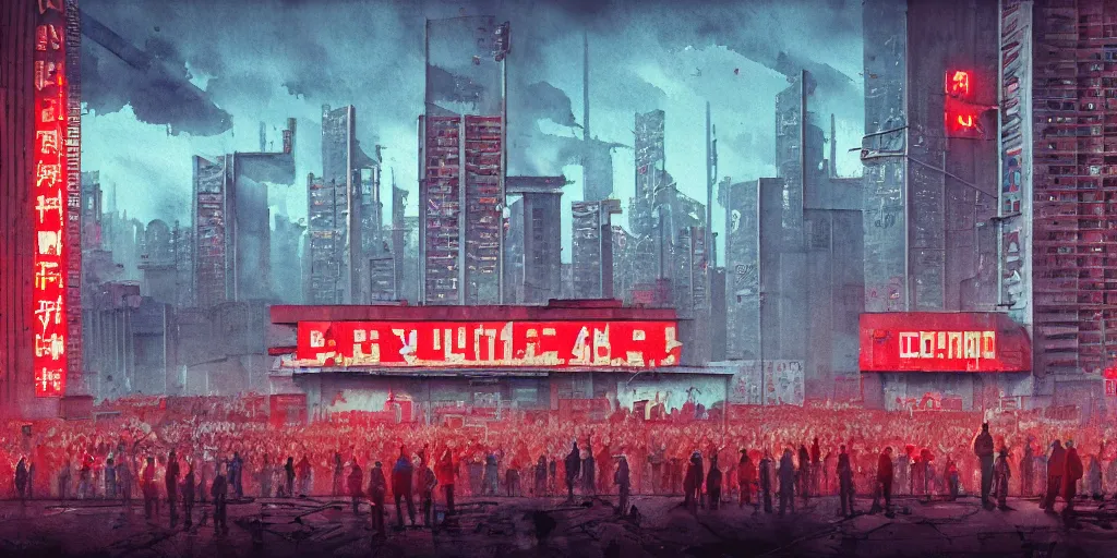 Image similar to landscape of a communist cyberpunk soviet city with neon hammer and sickle signs, crowds of people, brutalist architecture, watercolor, ultra realistic, highly detailed, hd, sharp focus, cinematic lighting, mood lighting, realistic, photorealistic, vivid colors, painting, photograph, digital art, non blurry, sharp, artstation, concept art, smooth, illustration