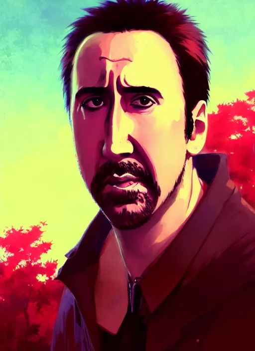 Image similar to portrait of nicolas cage from mandy, red sky background woodland landscape illustration concept art anime key visual trending pixiv fanbox by wlop and greg rutkowski and makoto shinkai and studio ghibli and kyoto animation