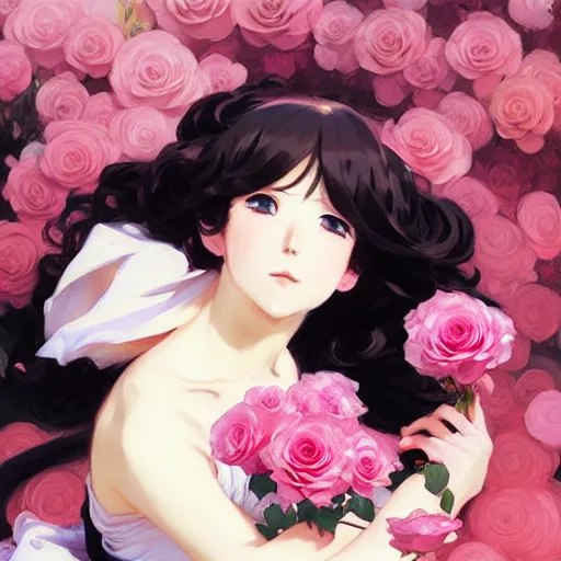 Image similar to beautiful rose anime pink - hair girl in elegent black dress, laying on roses, krenz cushart, mucha, ghibli, by joaquin sorolla rhads leyendecker, by ohara koson