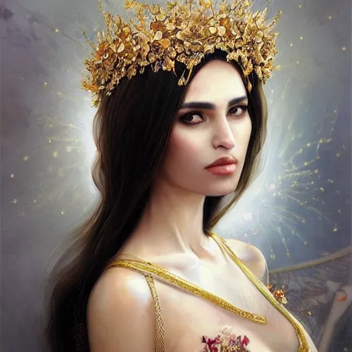 Prompt: Portrait of a Arabic Supermodel wearing a floral crown, porcelain skin, angry look, long dark hair, beautiful bone structure, shiny gold background, intricate, elegant, highly detailed, digital painting, artstation, concept art, smooth, sharp focus, illustration, art by artgerm and greg rutkowski and alphonse mucha