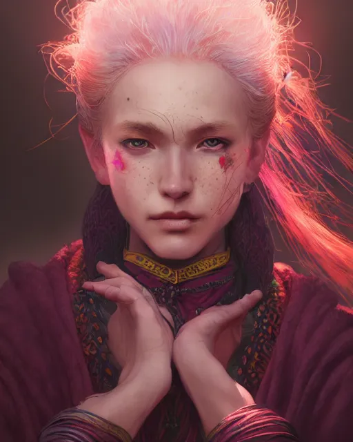 Image similar to portrait of a village witch, beautiful, fantasy, colorful, cinematic lighting, artstation, trending, highly detailed, focus, smooth, by hirohiko araki and yoshitaka amano