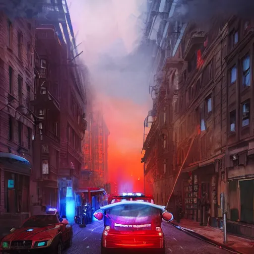 Image similar to wide angle, buildings and city on fire at night, with police and firetrucks on street, stormy blue and red sky mystery mist, police car lights, 4 k highly detailed art, concept art, trending on artstation, alphone mucha, artgerm, greg rutkowski, octane render, cinematic lighting, intricate, sharp focus