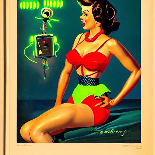 Image similar to portrait of pin up robot in a neon green bikini, art by gil elvgren, earl moran, joyce ballantyne, art frahm