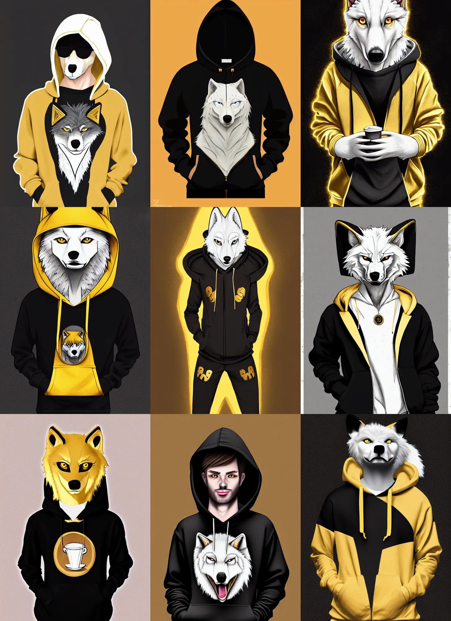 Prompt: anthropomorphic albino wolf fursona wearing a casual black and gold hoodie at a hipster coffee shop, highly detailed, artgerm style, artstation, soft light, sharp focus, illustration, character design