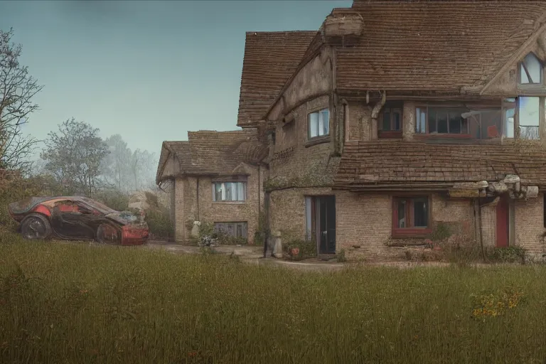 Image similar to cyberpunk, an estate agent listing photo of a 5 bedroom detached house in the countryside, by Beksinski, highly detailed, photorealistic, unreal engine, 8k, anamorphic, cinestill cinematrography