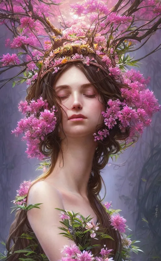 Prompt: portrait of a goddess of azaleas! covered in flowers!, half body, perfect face!!, d & d, fantasy, intricate, elegant, highly detailed, digital painting, artstation, concept art, smooth, sharp focus, illustration, art by artgerm and greg rutkowski and alphonse mucha
