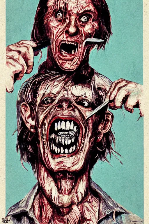 Prompt: realistic portrait of a psycho with a knife on a 1 9 7 0 s horror movie poster, vintage 7 0 s print, detailed, scary, horror, screen print, trending on artstation
