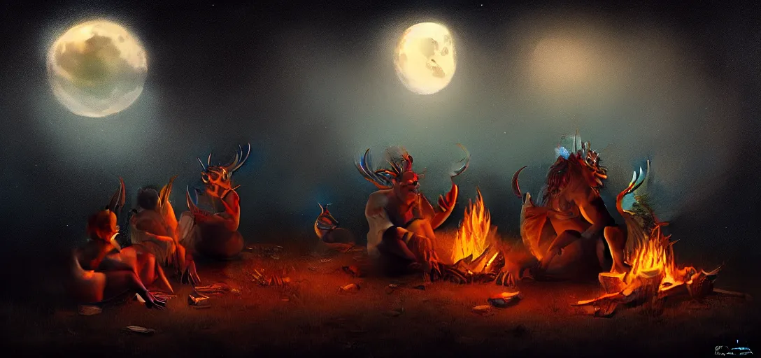 Image similar to strange mythical beasts of sitting around a fire under a full moon, surreal dark uncanny painting by ronny khalil