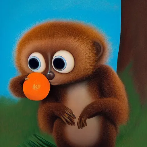 Prompt: hyper realistic cute fluffy giant-eared brown Cheburashka with big eyes, holding a tangerine, by Edward Hopper and James Gilleard, Zdzislaw Beksisnski, higly detailed