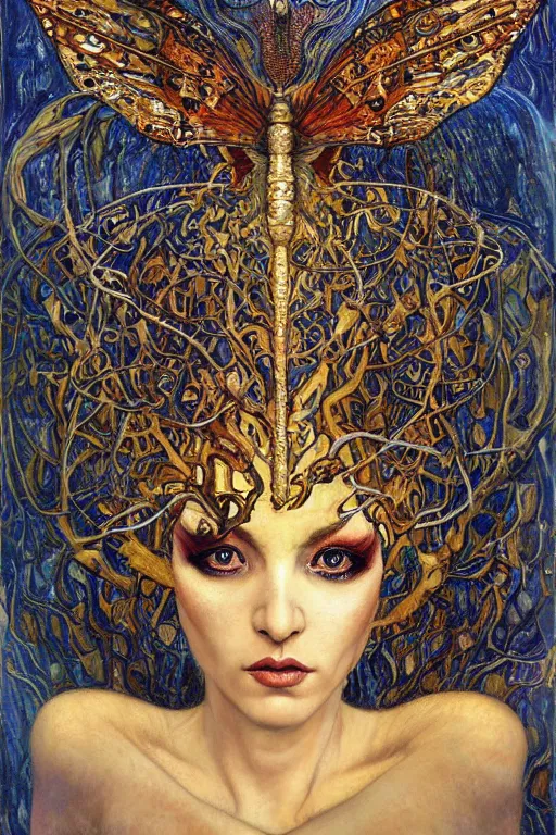 Prompt: Metamorphosis by Karol Bak, Jean Deville, Gustav Klimt, and Vincent Van Gogh, transformation portrait, chimera, visionary, cicada wings, otherworldly, fractal structures, ornate gilded medieval icon, third eye, hybrid, dynamic, change, spirals, horizontal symmetry