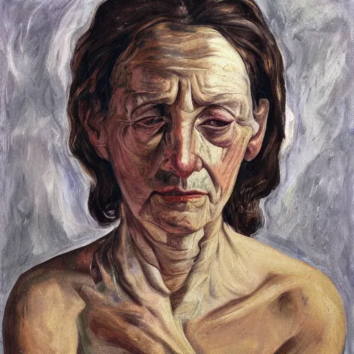 Image similar to Oil painting Portrait of a sad Woman, by Lucian Freud, Abstract brush strokes, Masterpiece