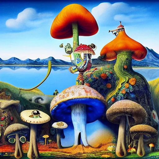 Prompt: a blue caterpillar with a hooka pipe on top of a mushroom in wonderland by jacek yerka and salvador dali, detailed matte painting, 8 k resolution