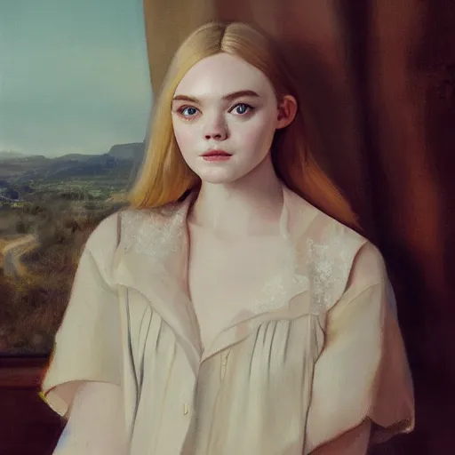 Prompt: portrait of a elle fanning in a vintage levi's ad, detailed realism face in painting, detailed beautiful portrait, oil painting masterpiece, 8 k resolution, smooth, sharp focus, trending on artstation, by rembrandt